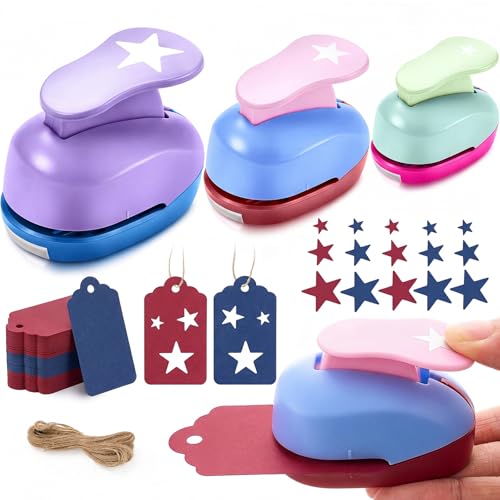 Fullhawl 53 Pcs 4th of July Star Hole Punch Set 3 Sizes Star Craft Punches (3/8 5/8 1) Includes 50 Kraft Gift Tags & 10m Twine Patriotic DIY Decorations for Independence Day Classroom Crafts