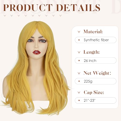 Image of S-noilite Yellow Wig with Bangs for Women 26 inch Long Wavy Cosplay Wig Heat Resistant Synthetic Hair Colorful Anime Costume Wig for Halloween Party