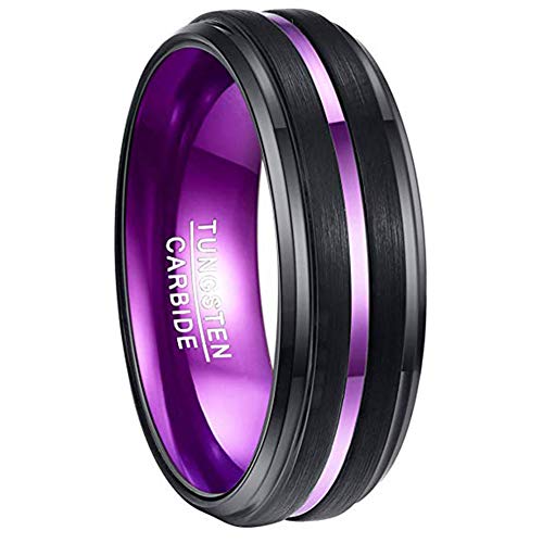 NUNCAD Tungsten Ring Purple Line Comfort Fit Matte Finish Beveled Edge Black Wedding Band Size 7