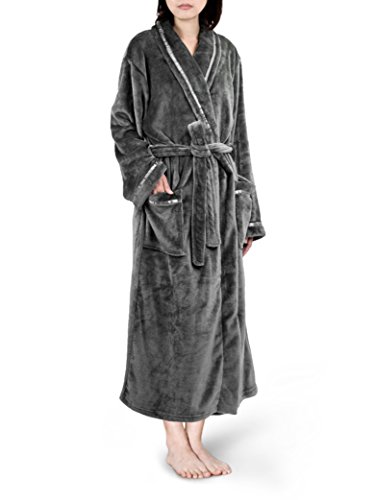 Women Fleece Robe with Satin Trim|Luxurious Soft Plush Bathrobe,Grey,S/M