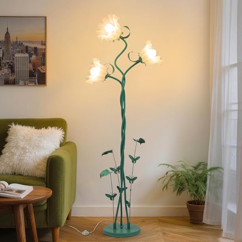 Image of TOBUSA Flower Floor Lamp for Living Room Bedroom, 3-Light Cute Vintage Standing Lamp with Flexible Gooseneck, 67'' Tall Green Floral Stand Up Lamp, Modern Unique Flower Corner Lamp for Reading Nursery