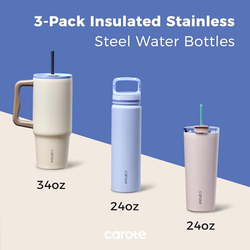 CAROTE 3-Pack Insulated Stainless Steel Water Bottles with Upgraded Leakproof Tech, Travel Coffee Tumplers with Straw, 34/24/24 oz Heart Paradise Straw Tumbler Set of Three (Blue)
