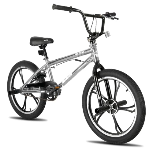 Hiland 20 Inch 5 Spoke Kids BMX Bike, 360 Degree Rotor Freestyle, BMX Bicycle for Boys Girls Ages 7-13, 4 Pegs Single Speed Kids BMX Bike, Silver
