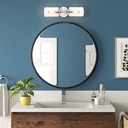 Image of JONATHAN Y 16 inch Nickel /Clear Farmhouse 2-Light Wall Sconce, Industrial Vanity Light for Bathroom Mirror, Entryway, Hallway, Clear Glass Cylinder Shades, LED Bulbs (JYL9548C)