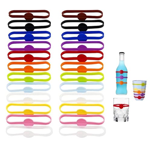 Hsyadazi 24 Stück Wiederverwendbare Glasmarkierer aus Silikon - Bunte Weinglas-Marker für Party, Bar & Hochzeitsfeier - Spülmaschinenfeste Trinkglas-Ringe (mehrfarbig)