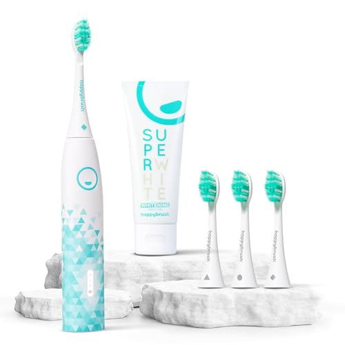 happybrush® Escova de dentes elétrica sónica Eco VIBE 3 - escova de dentes sustentável com bateria de 6 semanas de duração, 3 cabeças e pasta de dentes - bianco/menta