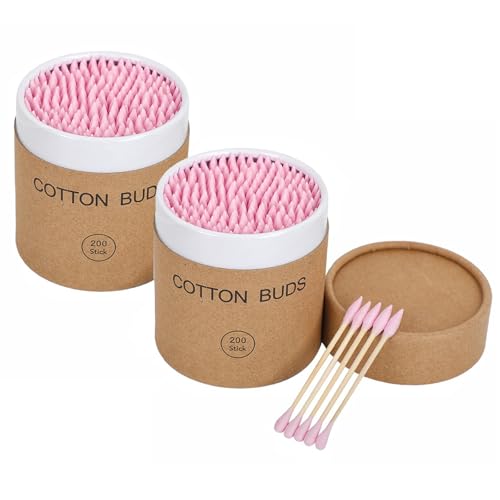 400Pcs Double Heads Wooden Cotton Swabs Ear Sticks Cotton Swabs Makeup Remover Cotton Swabs for Ears, Makeup, Beauty Care, Cleaning, Travel, (Round+Pointed Shape), Pink