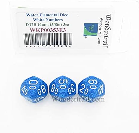 Wondertrail Water Elemental Dice 16mm DT10 (Tens Ten Sided Dice) 3pc White Numbers WKP00353E3