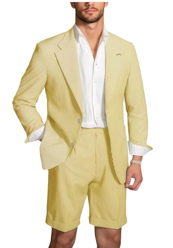 VENNYNG Men's Summer Seersucker Suit Set Breathable 2-Piece Wedding Business Casual Outfit