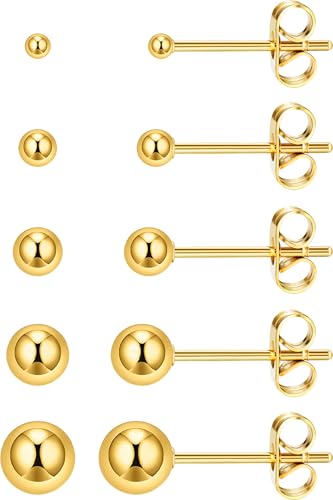 5 Pairs Extra Long Post Earrings 316L Stainless Steel Ball Stud Earrings for Women Men Hypoallergenic Ear Piercing Studs for Sensitive Ears 2-6mm