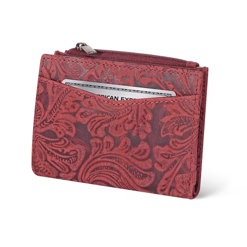 Image of Oak Leathers Leather Wallet For Women - Small RFID Coin Purse Credit Card & ID Holder for Ladies, Gift for Women's, Bifold Wallets (Crazy Horse Red Flower)