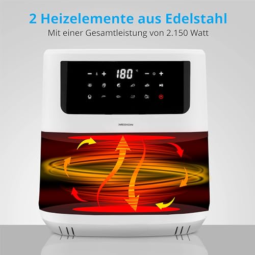 MEDION P10 XL Duo Heißluftfritteuse (6,8 Liter XXL, Airfryer, 2.150 Watt, zwei Heizelemente aus Edelstahl, Schüttel Alarm, 9 Automatikprogramme, Touch Bedienfeld, LED Anzeige) weiß – Bild 3