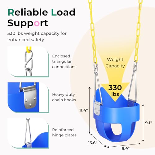 Image of DECORLIFE Toddler Swing Seat, Outdoor Baby Swing with Coated Chains, Heavy Duty High Back Full Bucket Swing Chair with Ant-Loosening Carabiners, Fully Assembled Swingset Accessories for Backyard, Blue