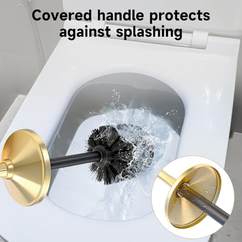 Image of Brushed Gold Toilet Brush and Holder,Extra Long Handled Toilet Brush for Bathroom,Stainless Steel Heavy Duty Toilet Bowl Brush,Deep Cleaning Modern Toilet Cleaner Brush -Space Saving, Covered Brush