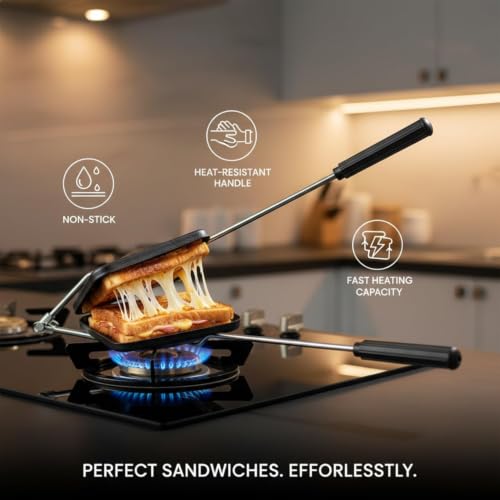Image of Double Sided Sandwich Grill Pan | Non-Stick Toast Maker Aluminium Stovetop Toaster Gas Stove Flip for Bread Snacks Heat Resistant Handle Black (Pop-up Toaster)