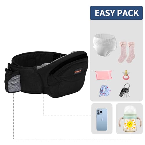 Baby Carrier with Hip Seat, Newborn to Toddler, Adjustable Extended, Ergonomic M Position Baby Carrier with Multiple Pockets 7-40lbsfor dad and mom, Black