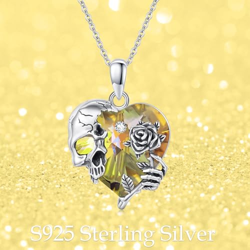 Image of S925 Sterling Silver Skull Pendant Necklace Heart Crystal Birthstone Skull Necklace Gothic Jewlery Gifts