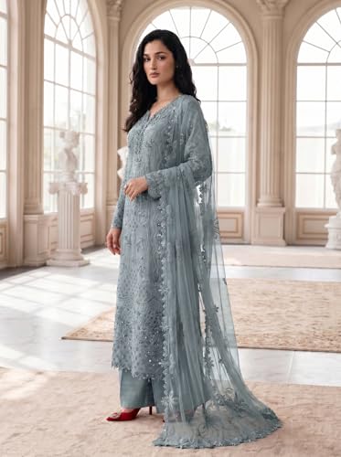 Image of RUDRAPRAYAG Faux Georgette Fabric With Heavy Embroidered Sequence With Khatli Work Semi Stitched V-Neck Salwar Suit Sharara With Dupatta For Women