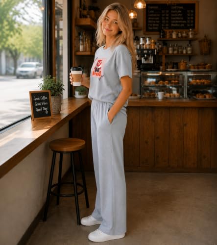 Image of ELVIA Women's Pure Cotton Top and Pyjama Co-Ord Set | Hot Head Graphic Printed Night Suit | Regular Fit Half Sleeve Round Neck T-Shirt with Pajama Loungewear Sleepwear Set for Women