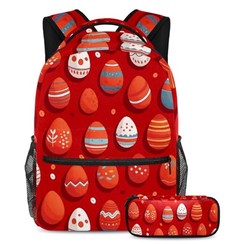 Sac à dos rouge motif œufs de Pâques avec sa trousse, idéal pour le collège et les sorties