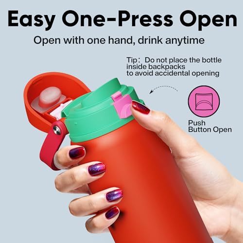 Image of Insulated Water Bottle with Straw - Encool Stainless Steel Water Bottle with Push Button Lid, Leak-Proof & BPA-Free, Keeps Cold for 24 Hours for Sports, Travel, Gym (32 oz, Grapefruit Red)