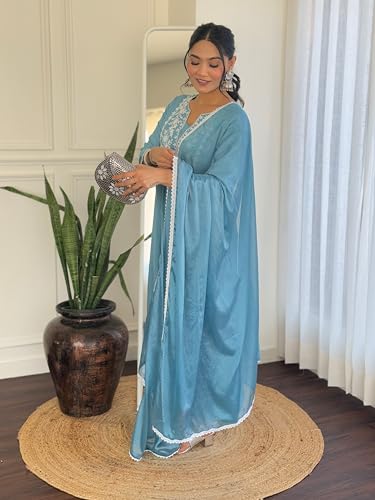 Image of Naixa Women's BSY Viscose Embroidered Flared Kurta with Pant and Dupatta Sets (Available in Plus Size) (NX-686)