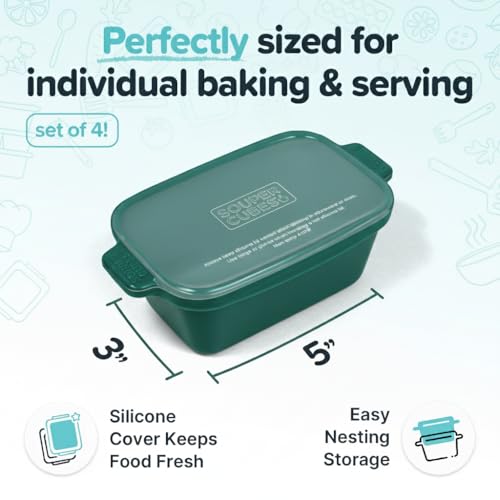 Image of Souper Cubes Stoneware - Small Ceramic 5 inch x 3 inch Baking Dish with Silicone Covers, Small Baking Dishes for Oven Perfect for Reheating Single Serve Portions, Set of 4 - Kale