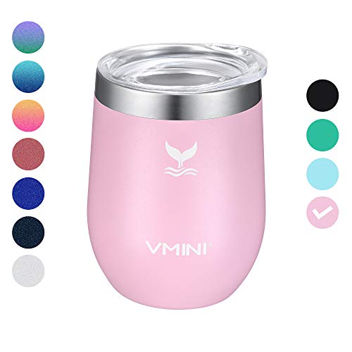 Vmini 12oz Wine Tumbler - Vacuum Insulated Stainless Steel, Travel Mug Stemless Coffee Cup Wine Glass, with 2 Lids 2 Straws and 1 Brush, for Champagne/Whiskey/Cocktail/Beer (Pink)