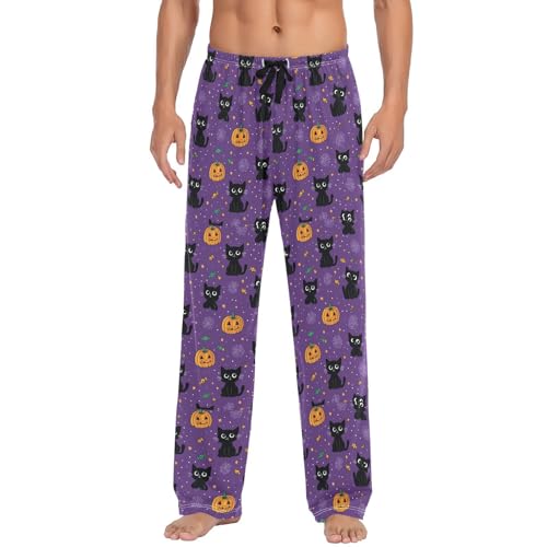 Men's Halloween Black Cats Pajama Pants with Pockets - Straight Fit Cotton Sleep Bottoms for Lounge & Nightwear#6912