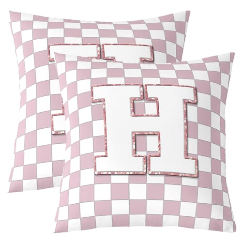 Image of Erosebridal Pink Initial H Throw Pillow Covers 24x24 Set of 2 Kawaii Plaid Checkered Pillow Covers Cute Personalized Monogram Cushion Cover Fashion Grids Gingham Pillow Cases for Couch Sofa