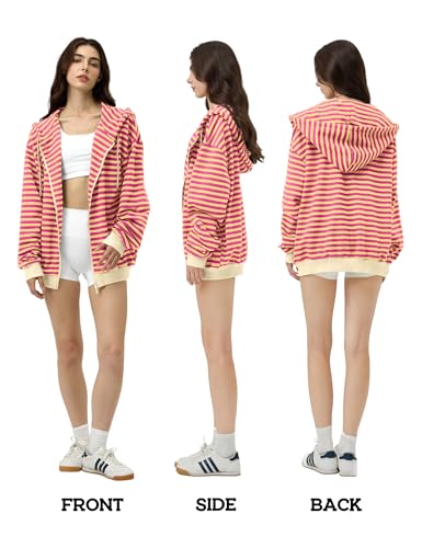 FAIABLE Striped Zip Up Hoodie Women Oversized Sweatshirt Hoodies Zipper Sweaters Pullover Cotton Vintage Preppy Shirt Outfits