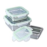 ANDMOON 304 Stainless Steel Food Storage Containers with Lids - Lunch Containers LeakProof Set of 3 Eco-Friendly Stackable Bento Box - Lunch Box, Snack Boxes for People, Kitchen Storage - Green