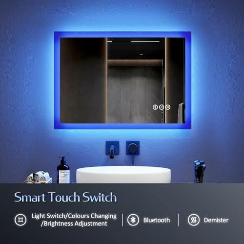 EMKE Blue Atmosphere Illuminated Bathroom Mirror with Shaver Socket, 400x600mm Bathroom Led Mirror with Bluetooth Speaker, 3 Color Tone, Memory Dimmable and Anti Fog, Horizontal/Vertical