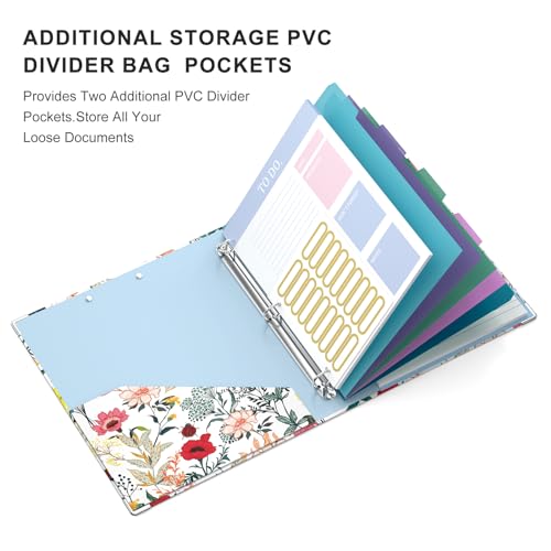 Image of 3 Ring Binder, 0.75 Inch Binder Organizer with 5 Tab Dividers, File Folder Labels, A4 Memo Pad & to Do List Planners for Women, Men, School Supplies and Office Supplies, Colorful Flowers