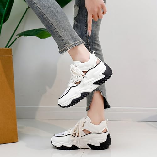 Women's Leather Hollow Increasing Platform Casual Sneakers Lace Up Non-Slip Shock Absorbing Heighten Hiking Shoes Summer Fashion Round Toe Breathable Dad Shoes4