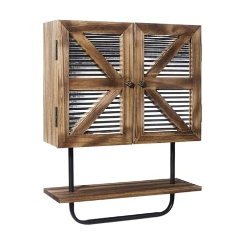 Butizone Small Bathroom Wall Cabinet, 17x21'' Barndoor Medicine Cabinet Wall Mount, 3 Tier Rustic Bathroom Storage Cabinet Over Toilet with Adjustable Shelf and Towel Bar for Bathroom Laundry Room Cover