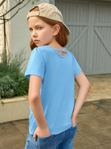 Haloumoning Girls Cross Back Shirts Kids Crewneck Puff Short Sleeve T-Shirt Cute Pleated Tops Tees 5-14 Years - Image 5
