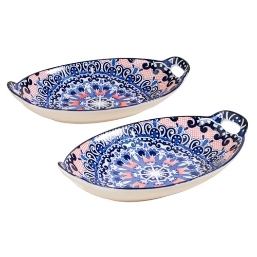 Image of Nestasia Set of 2 Blue Mandala Design Ceramic Serving Platter with Handles for Snacks, Appetizers, Salads, and Noodles | Microwave Safe, Dishwasher Safe (10.8 Inch)