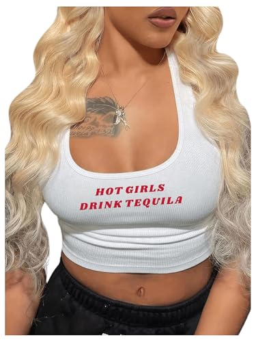 SOLY HUX Women's Letter Graphic Tank Tops Sleeveless Scoop Neck Ribbed Knit Slim Fit Crop Top