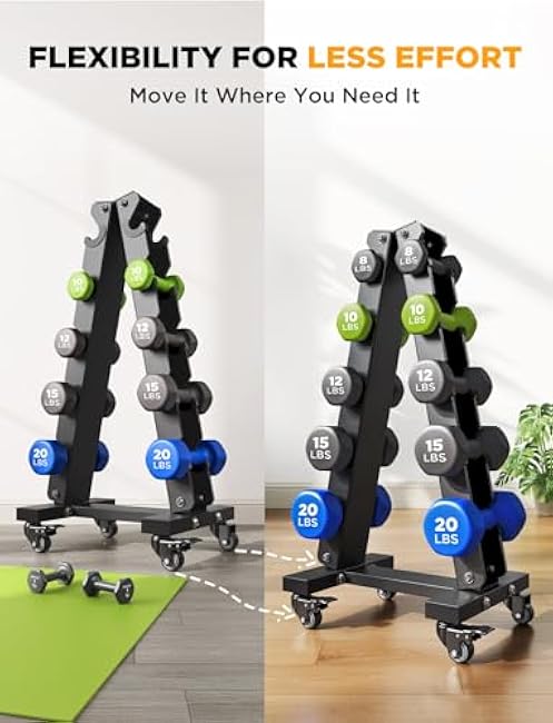YOLEO Heavy-Duty A-Frame Dumbbell Rack with Wheels, 5-Tier Weight Rack, 440LBS Capacity, Space-Saving Home Gym Storage Organizer, Anti-Slip & Finger-Safe Design (Rack Only)