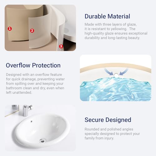 Bathroom Oval Vessel Sink 20\" x 16.5\" Semi Recessed Sink White Ceramic Sink with Overflow Modern Sinks Bowl Vanity Above Counter Basin - Thumbnail 4