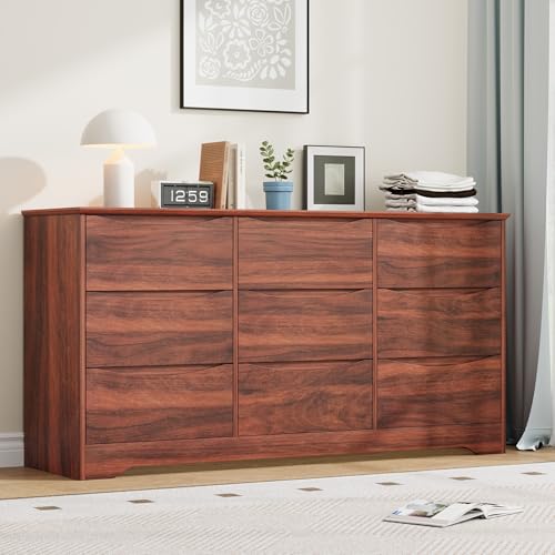 Garvee Wooden Dresser with 9 Drawers, Tall Modern Closet with Deep Storage, Large Chest of Drawers with Wide Top, Long Storage Dresser for Bedroom, Li