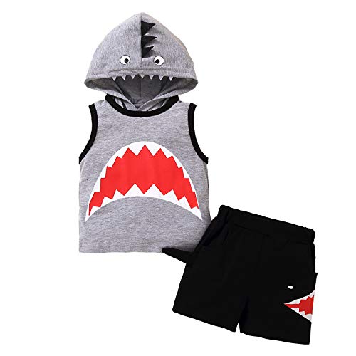 Toddler Infant Baby Boy Shorts Set Sleeveless Cartoon Hoodie Top T-Shirt and Shorts 2 Piece Outfit Clothes (Grey-Shark,2-3T,2 Years,3 Years)