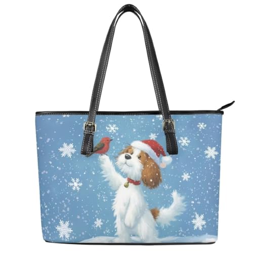 Image of Coldinair Christmas Leather Tote Bag for Women with Zipper Large Shoulder Tote Bag Shopping Casual Travel Bag Handbag Purse