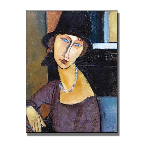 Yomcut Amedeo Modigliani Canvas Wall Art Jeanne HéButerne With Hat And Necklace Poster Famous Art Painting Print Living Room Bedroom Office Wall Decor Unframed (24x32in/60×80cm)