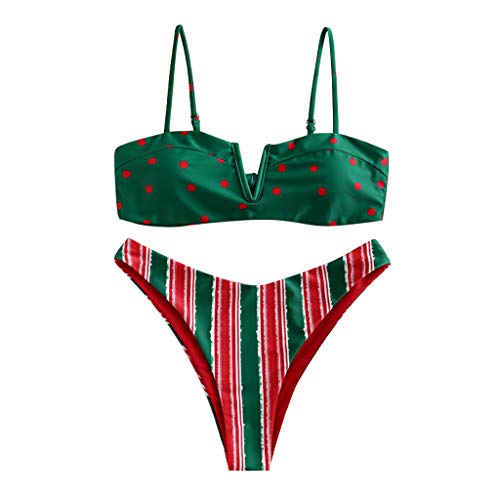 Women's Vintage Stripe Top Polka Dot Printed High Cut Thong Straps Swimsuit Tankini Bikini Set Swimsuit Green