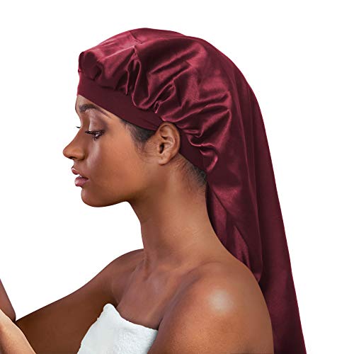 Alnorm Bonnet de sommeil long en satin - Double couche, bande élastique douce, rouge vin, Taille unique Cover