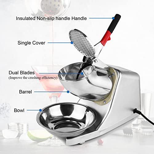 Electric Ice Crusher,110V Electric Ice Shaver Machine with Dual Blades,Bowl and Cover 300W Electric Snow Cone Maker(176lbs/80kg Per Hour,2200rpm) for Shaved Ice,Margaritas,Home Commercial Use(Sliver) - Thumbnail 7