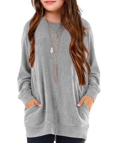 Image of Girls Shirts for 6-13 Years Long Sleeve Crewneck Tops with Pockets