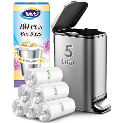 Teivio Small Clear Trash Bags 1.2 Gallon 80 Count Bathroom Garbage Bags